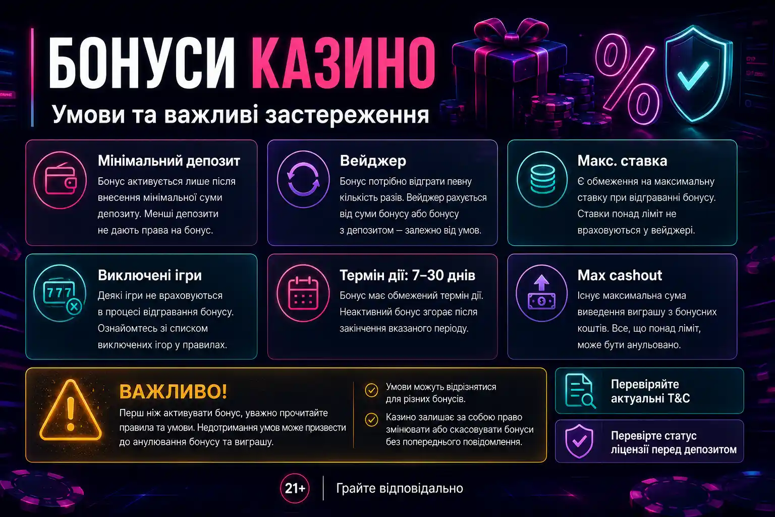 Параметри, які варто перевіряти в будь-якому казино-бонусі